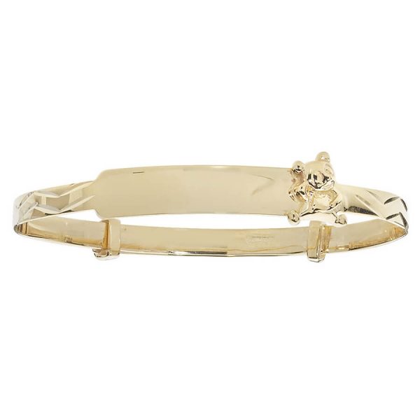 Babies 9ct Yellow Gold Expandable ID Bangle with Teddy Bear Motif