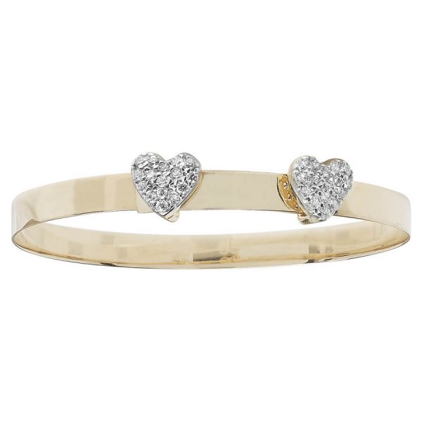 Babies 4mm CZ Set Double Heart Expandable Bangle in 9ct Yellow Gold