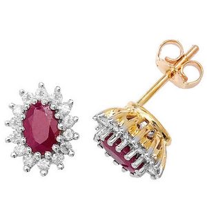 Ruby and Diamond Cluster Earrings in 9ct Yellow Gold