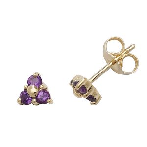 Amethyst Three Stone Stud Earrings in 9ct Yellow Gold