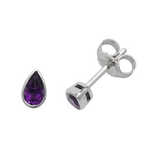 Rubover Pear Shaped Amethyst Stud Earrings in 9ct White Gold