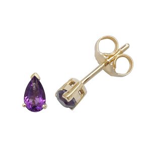 Claw Set Pear Shaped Amethyst Stud Earrings in 9ct Yellow Gold