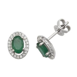 Oval Shaped Emerald and Diamond Halo Style Stud Earrings in 9ct White Gold