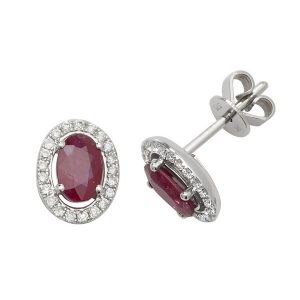 Oval Shaped Ruby and Diamond Halo Style Stud Earrings in 9ct White Gold