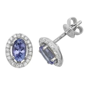 Oval Shaped Tanzanite and Diamond Halo Style Stud Earrings in 9ct White Gold