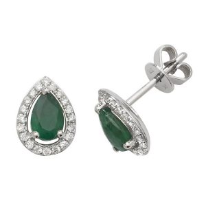 Pear Shaped Emerald and Diamond Halo Style Stud Earrings in 9ct White Gold