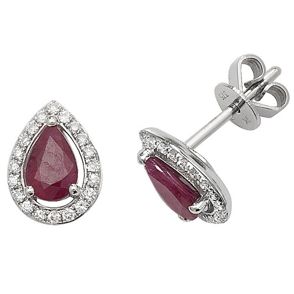 Pear Shaped Ruby and Diamond Halo Style Stud Earrings in 9ct White Gold ...