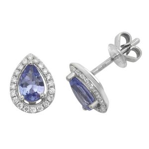 Pear Shaped Tanzanite and Diamond Halo Style Stud Earrings in 9ct White Gold