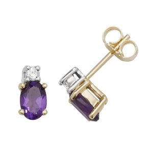 Oval Shaped Amethyst and Diamond Stud Earrings in 9ct Yellow Gold
