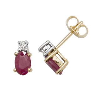 Oval Shaped Ruby and Diamond Stud Earrings in 9ct Yellow Gold