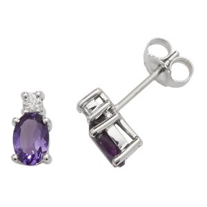 Oval Shaped Amethyst and Diamond Stud Earrings in 9ct White Gold