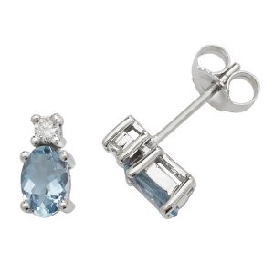 Oval Shaped Aquamarine and Diamond Stud Earrings in 9ct White Gold