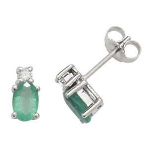 Oval Shaped Emerald and Diamond Stud Earrings in 9ct White Gold