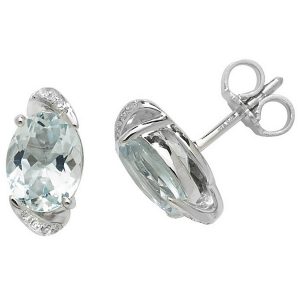 Diamond and Oval Shaped Aquamarine Stud Earrings in 9ct White Gold
