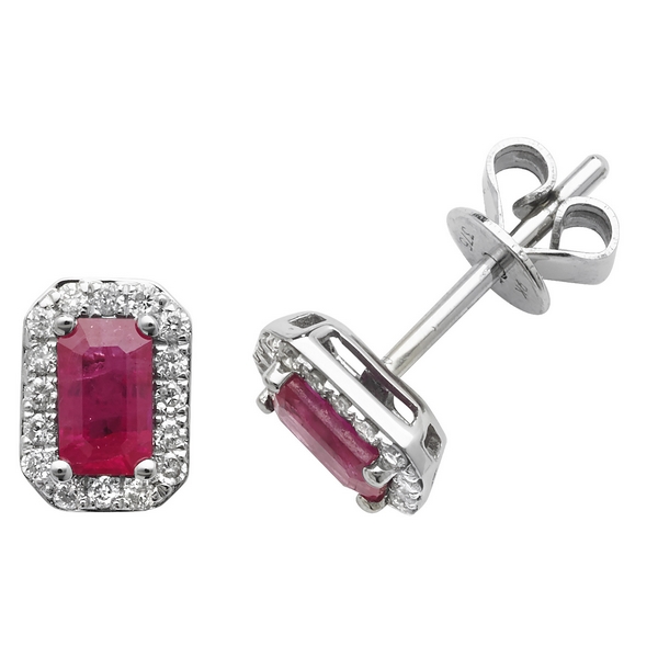 Octagon Style Ruby And Round Diamond Stud Earrings In 9ct White Gold Octagon Style Ruby And Round Diamond Stud Earrings In 9ct White Gold