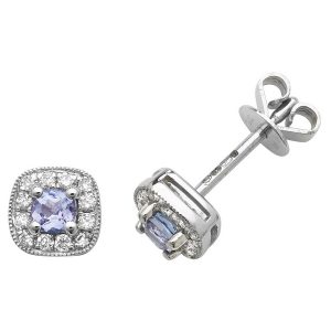 Cushion Style Tanzanite and Round Diamond Stud Earrings in 9ct White Gold