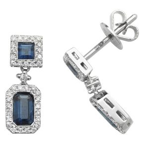 Octagon and Square Shaped Sapphire and Round Diamond Drop Earrings in 9ct White Gold