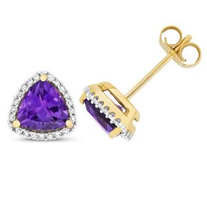 Diamond and Trillion Cut Amethyst Stud Earrings in 9ct Yellow Gold
