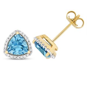 Diamond and Trillion Cut Blue Topaz Stud Earrings in 9ct Yellow Gold