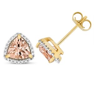 Diamond and Trillion Cut Morganite Stud Earrings in 9ct Yellow Gold