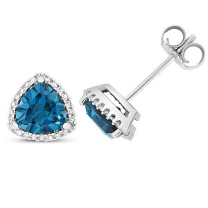 Diamond and Trillion Cut London Blue Topaz Stud Earrings in 9ct White Gold
