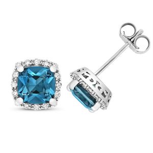 Diamond and Cushion Cut London Blue Topaz Stud Earrings in 9ct White Gold