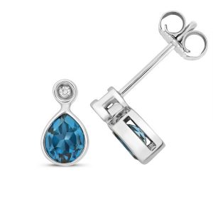 Diamond and Pear Cut London Blue Topaz Stud Earrings in 9ct White Gold