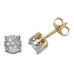 Diamond Illusion Set Square Shaped Stud Earrings in 9ct Yellow Gold (0.10ct)