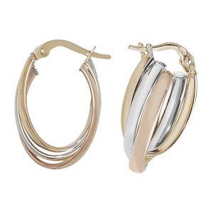 Tri-Colored Oval 9ct Gold Hoop Earrings