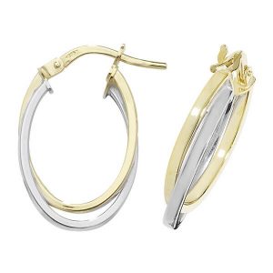 9ct Yellow and White Gold Oval Double Hoop Earrings