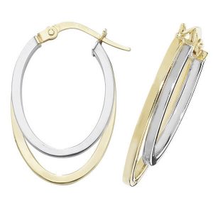 9ct Yellow and White Gold Oval Double Hoop Earrings