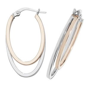 9ct Rose and White Gold Oval Double Hoop Earrings