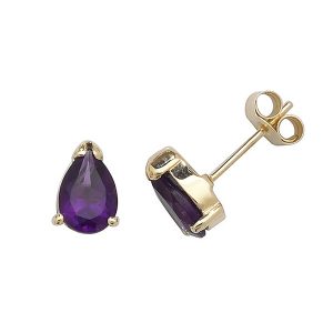 Solitaire Pear Shaped Amethyst Earrings in 9ct Yellow Gold