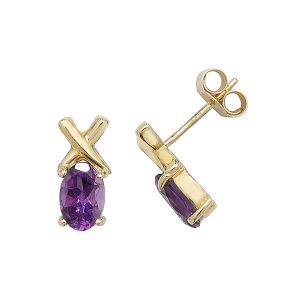 Oval Amethyst Stud Earrings with Cross Design in 9ct Yellow Gold