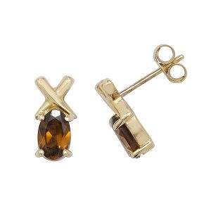 Oval Garnet Stud Earrings with Cross Design in 9ct Yellow Gold