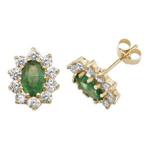 Prong Set Oval Shaped Emerald and CZ Set Stud Earrings in 9ct Yellow Gold