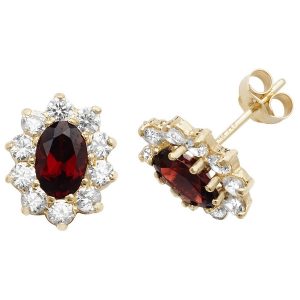 Prong Set Oval Shaped Garnet and CZ Set Stud Earrings in 9ct Yellow Gold