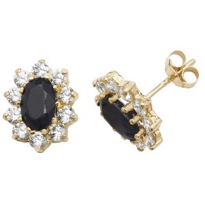 Prong Set Oval Shaped Sapphire and CZ Set Stud Earrings in 9ct Yellow Gold