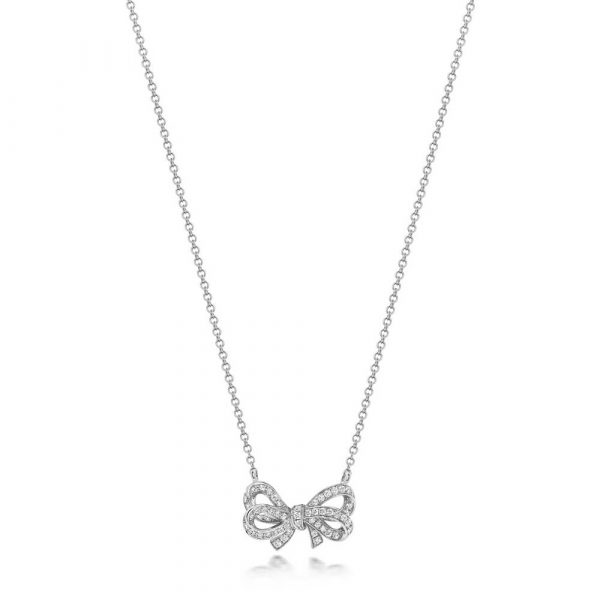 Diamond Set Bow Design Necklace in 18ct White Gold (0.30ct)