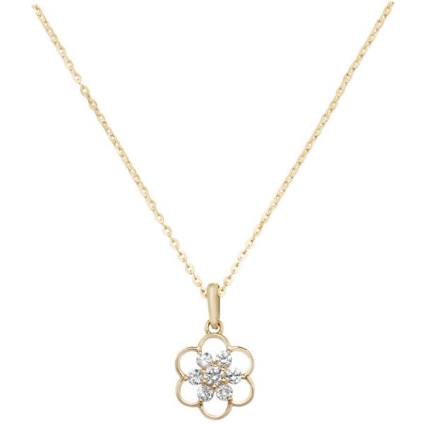 Flower Design Cubic Zirconia 16 plus 2 inch Pendant Necklace in 9ct Yellow Gold