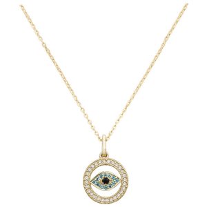 Evil Eye Cubic Zirconia 16 plus 2 inch Pendant Necklace in 9ct Yellow Gold