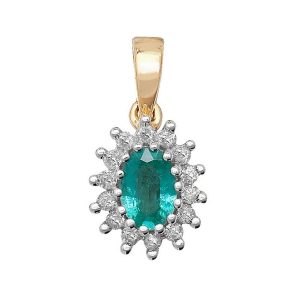 Emerald and Diamond Cluster Pendant in 9ct Yellow Gold