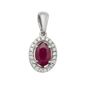 Oval Shaped Ruby and Round Diamond Halo Style Pendant in 9ct White Gold