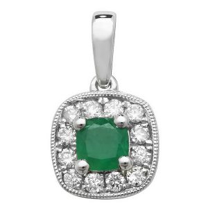 Emerald and Diamond Cushion Shaped Pendant in 9ct White Gold