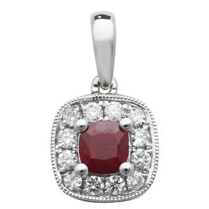 Ruby and Diamond Cushion Shaped Pendant in 9ct White Gold