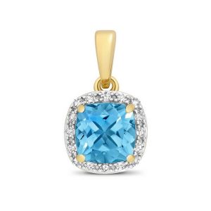 Cushion Fancy Cut Blue Topaz and Round Diamond Pendant in 9ct Yellow Gold