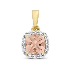 Cushion Fancy Cut Morganite and Round Diamond Pendant in 9ct Yellow Gold