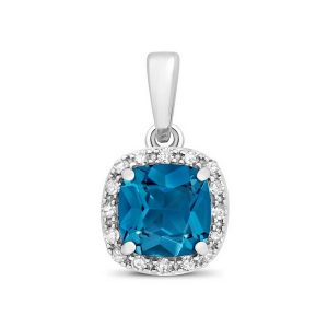 Cushion Fancy Cut London Blue Topaz and Round Diamond Pendant in 9ct White Gold