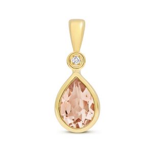 Pear Shaped Bezel Set Morganite and Diamond Pendant in 9ct Yellow Gold