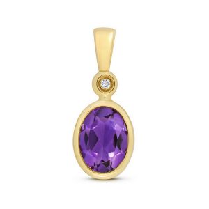 Oval Shaped Bezel Set Amethyst and Diamond Pendant in 9ct Yellow Gold